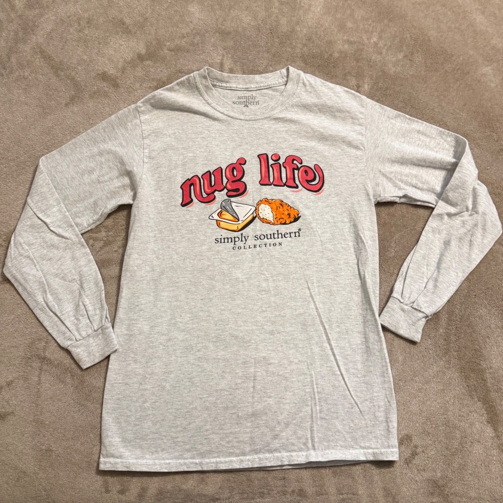 Simply Southern Nug Life Gray Long Sleeve Graphic T-Shirt Small Nugget Humor